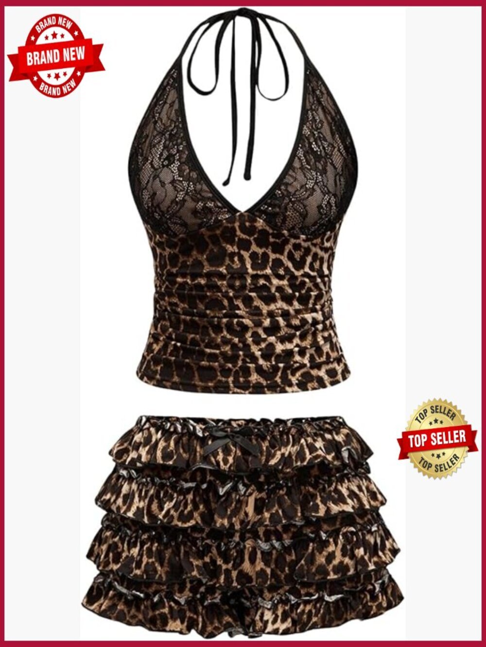 2 Piece Y2K Outfit Cheetah Halter Top & Ruffle Skirt Set